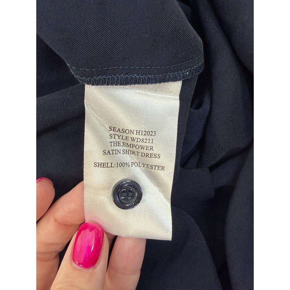 Wildfang The Empower Satin Shirt Dress Navy Blue Green Contrast Trim Medium Mod - Picture 8 of 11